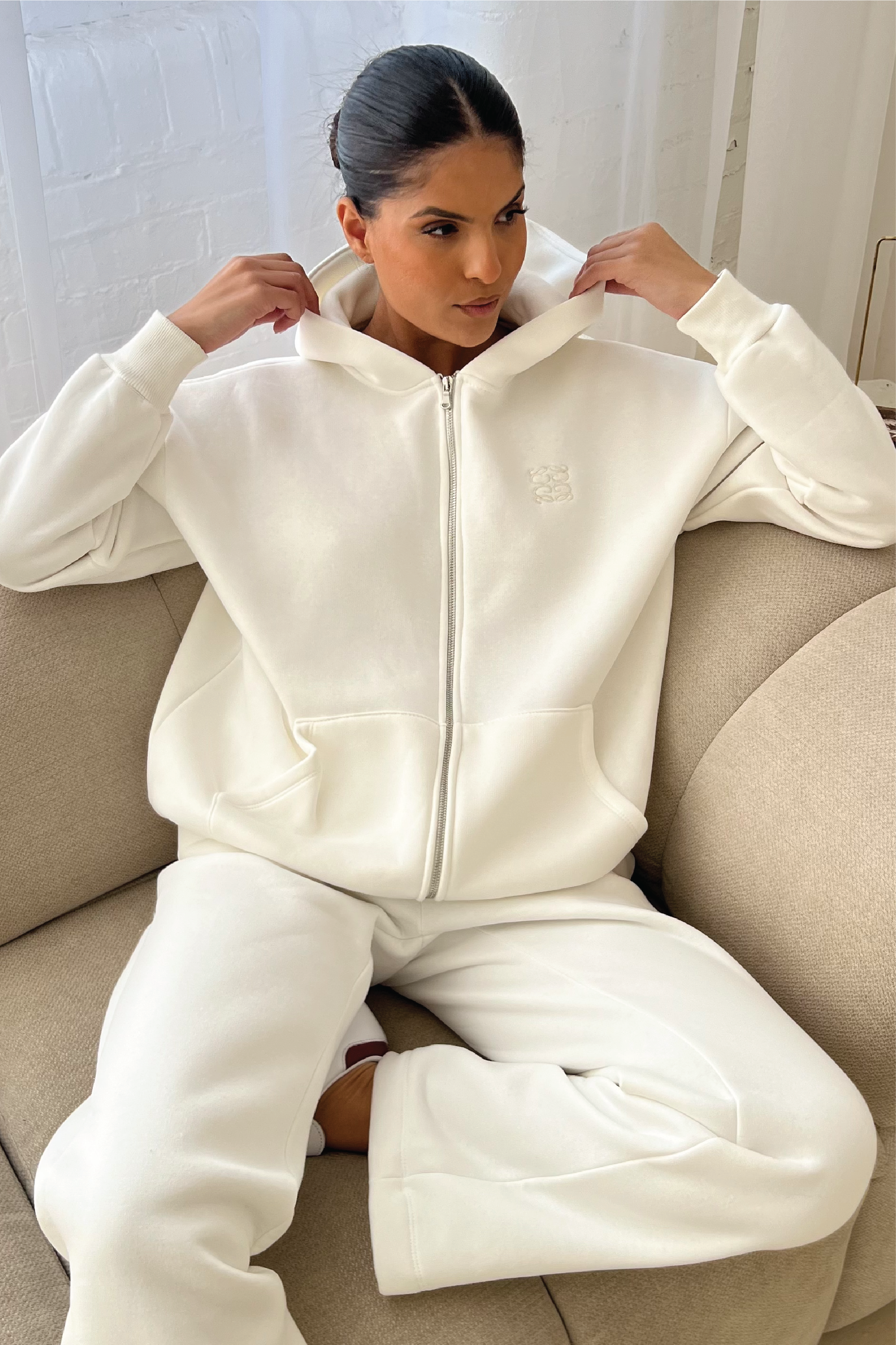 Ivory embroidered logo zip hoodie