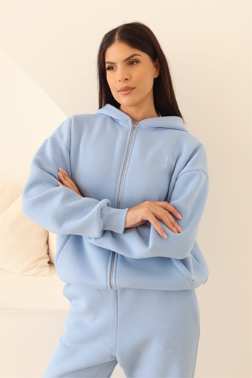 Blue embroidered logo zip hoodie