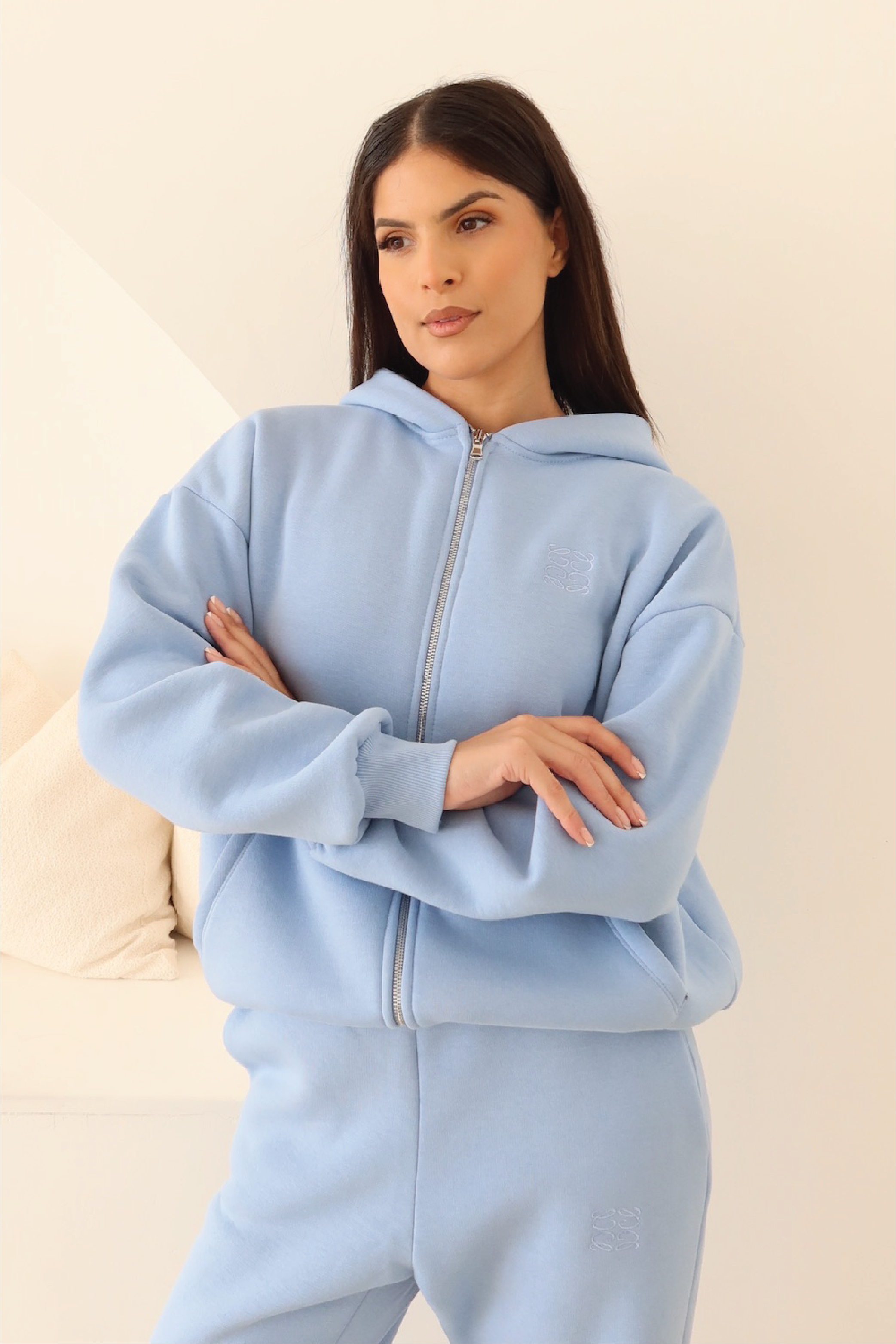 Blue embroidered logo zip hoodie