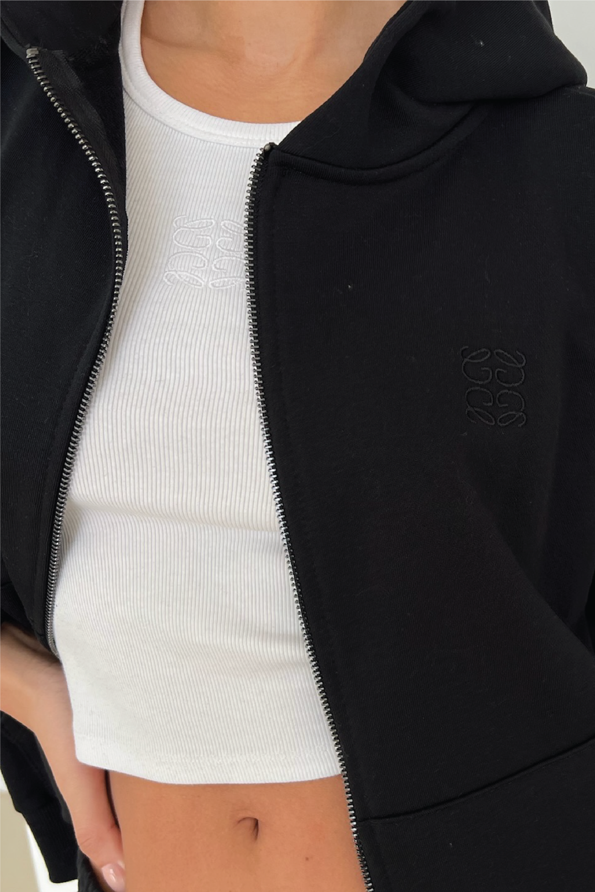 Black embroidered logo zip hoodie